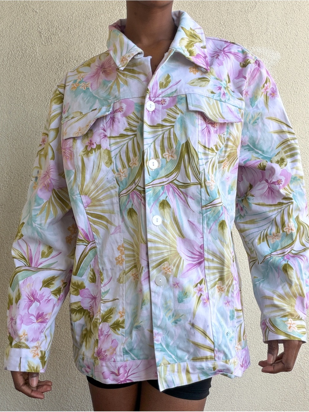 Alfred Dunner Pastel Floral Button-Up Jacket in Pink and Green